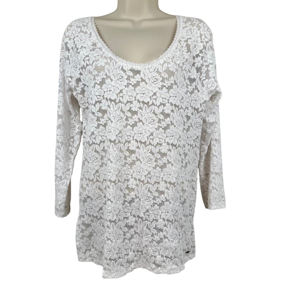 Abercrombie & Fitch Mesh Lace Knit Blouse Top Long Sleeve White Lg Romantic